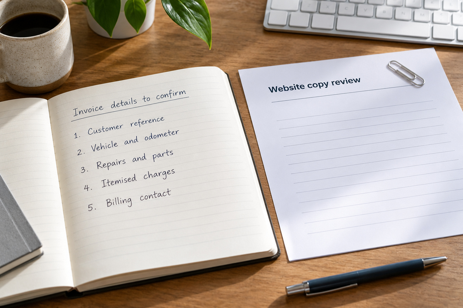 Handwritten checklist of invoice details to confirm beside a website copy review sheet on a wooden desk.
