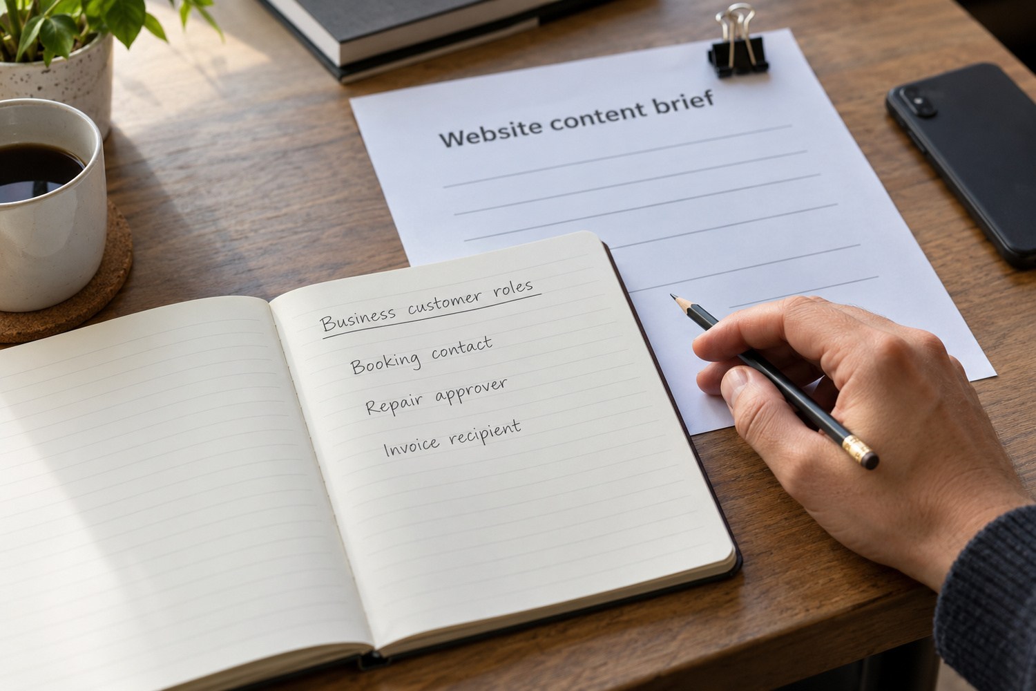 Notebook listing booking contact, repair approver and invoice recipient beside a website content brief and a hand holding a pencil.