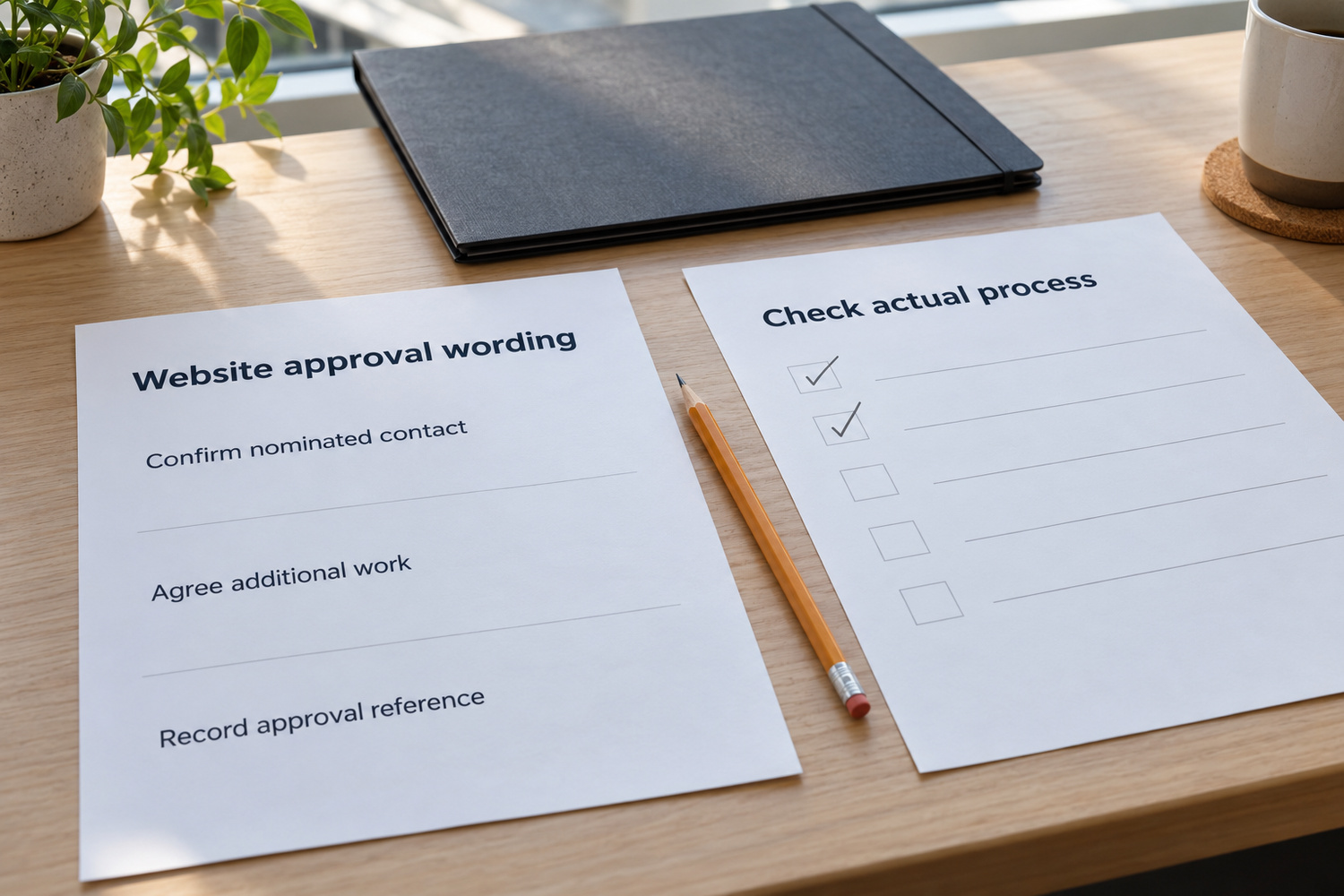 Website approval wording draft beside a checklist for verifying the actual approval process on an office desk.