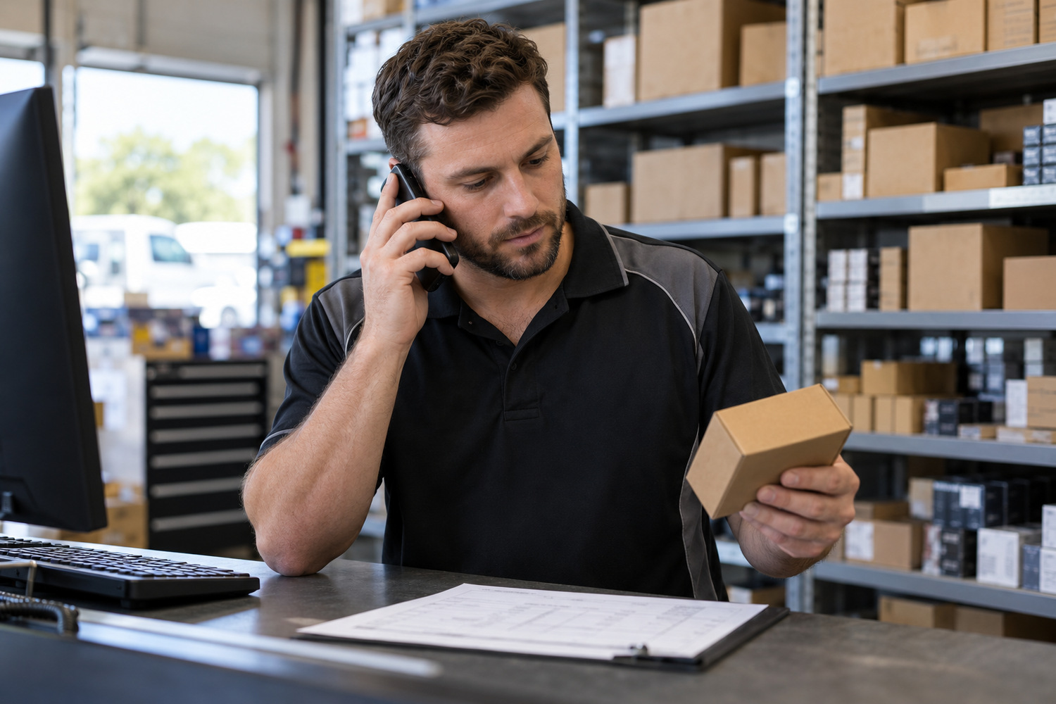 A trade-counter worker checks a boxed part and paper record during a phone call.