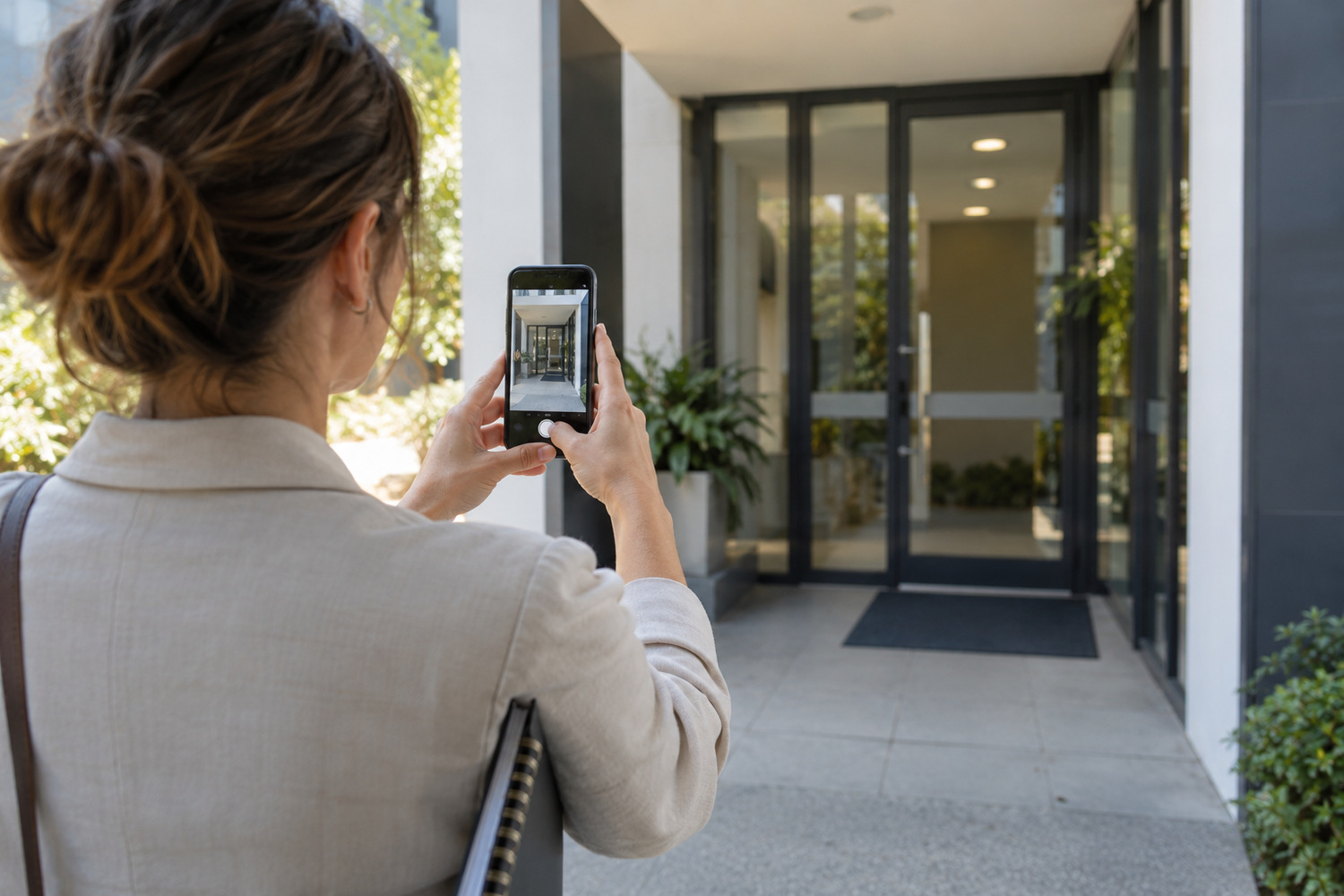 Business owner photographs a customer entrance to check arrival information.