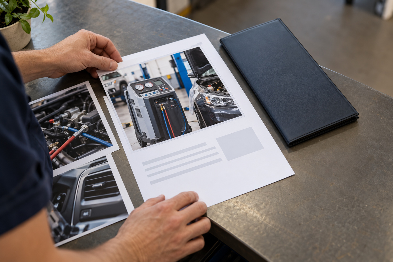 Air-conditioning service photographs positioned on a paper page layout beside a closed folder.