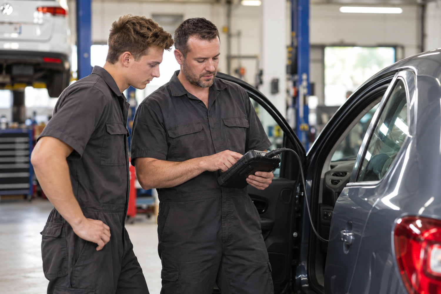 Experienced mechanic explains a handheld diagnostic scanner to an apprentice beside a parked car.