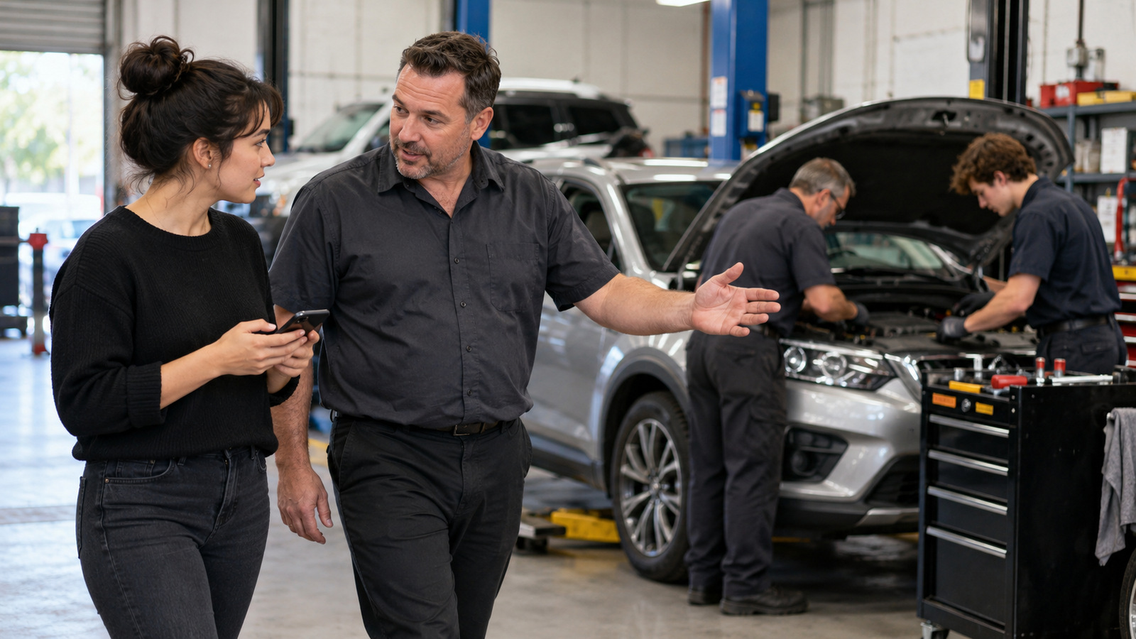 Workshop manager shows a visitor around a service bay while two technicians work on a car.