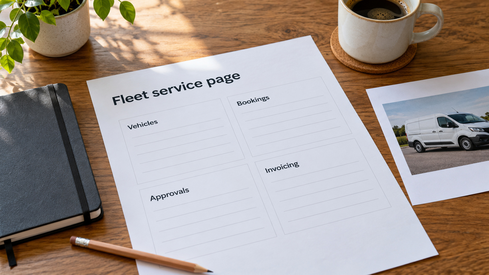 Printed fleet service webpage plan with headings for vehicles, bookings, approvals and invoicing on a wooden desk.