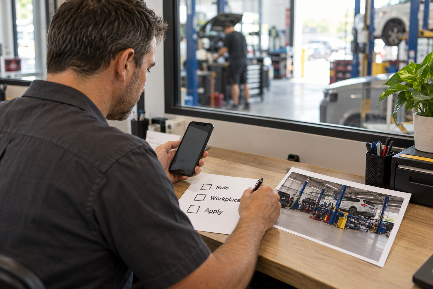 Workshop owner reviews a recruitment checklist beside a phone and a printed service-bay photograph.