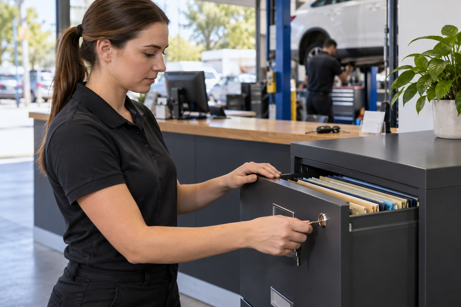 Receptionist handles the lock of a filing cabinet containing customer job folders.