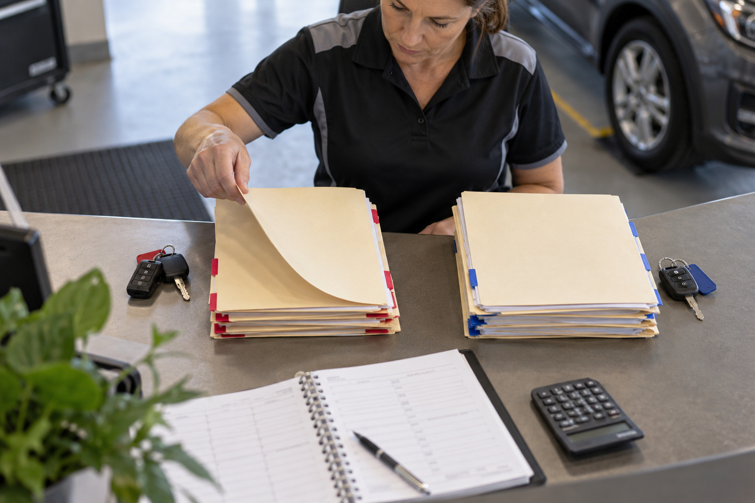 Workshop manager compares two colour-tabbed groups of job folders beside an appointment diary.