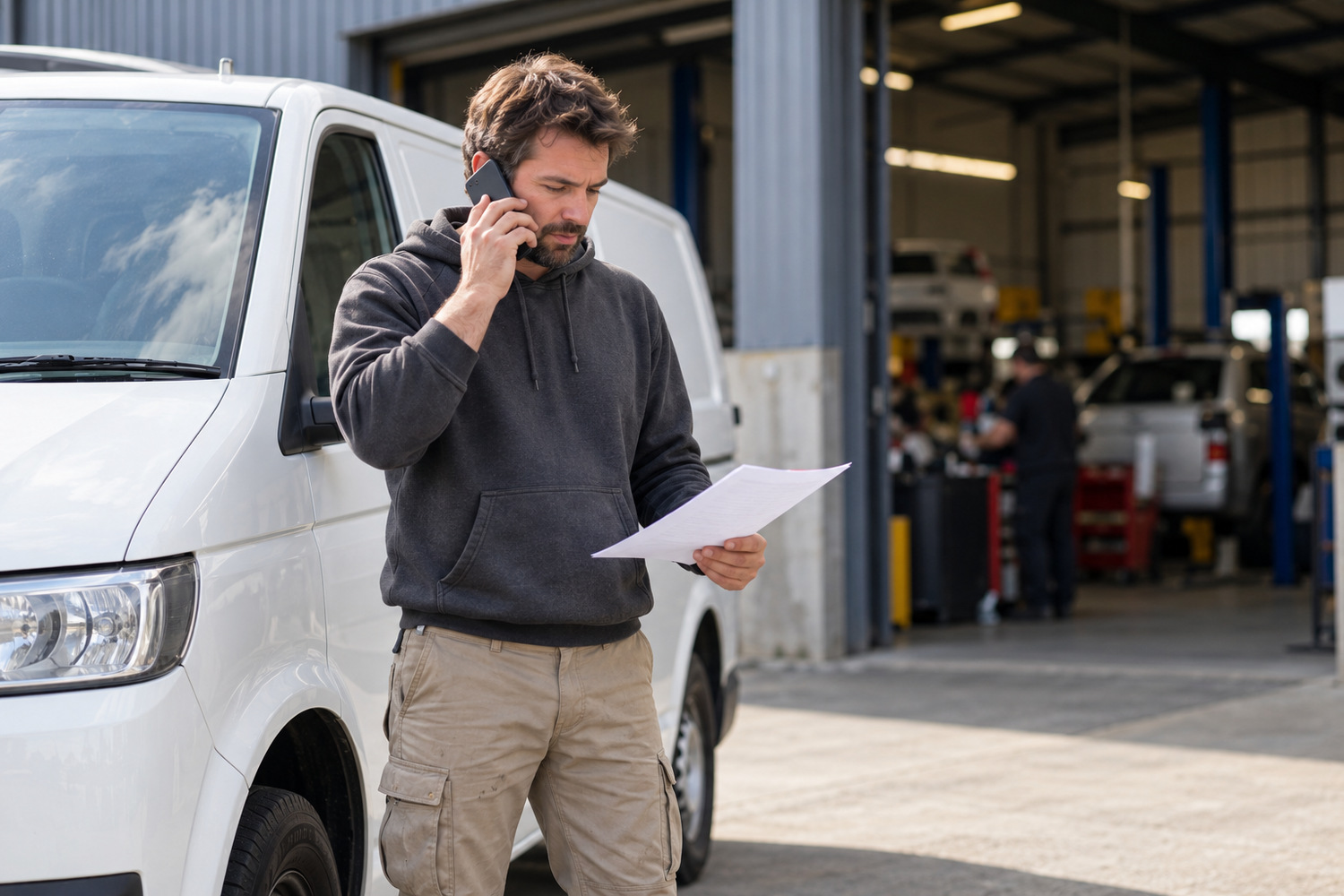 A business customer phones a workshop while reviewing a vehicle record beside a parked van.