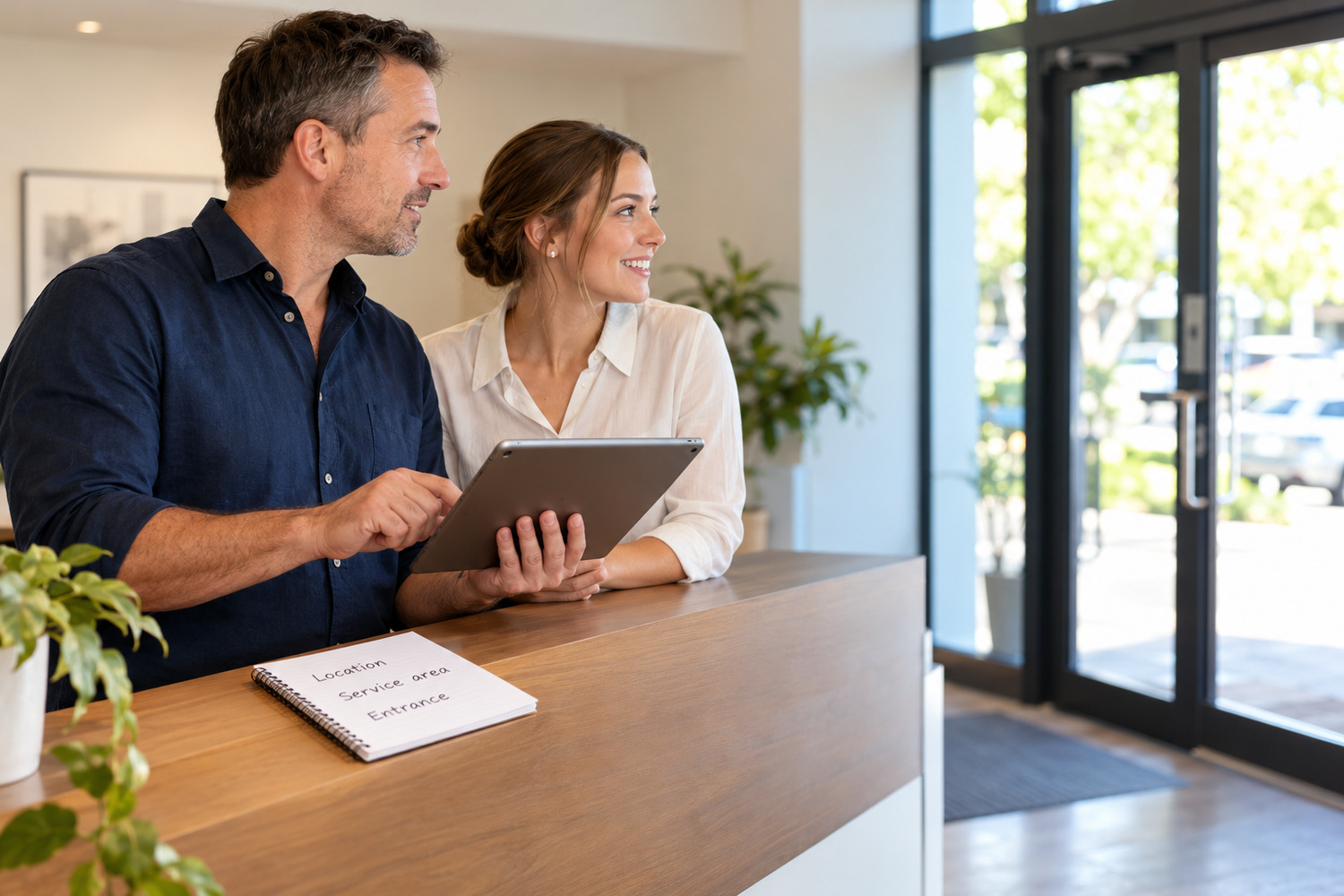 Business staff review a tablet beside notes headed Location, Service area and Entrance at reception.