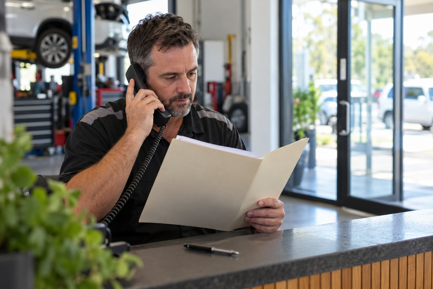 Workshop owner checks a document folder during a telephone call at reception.