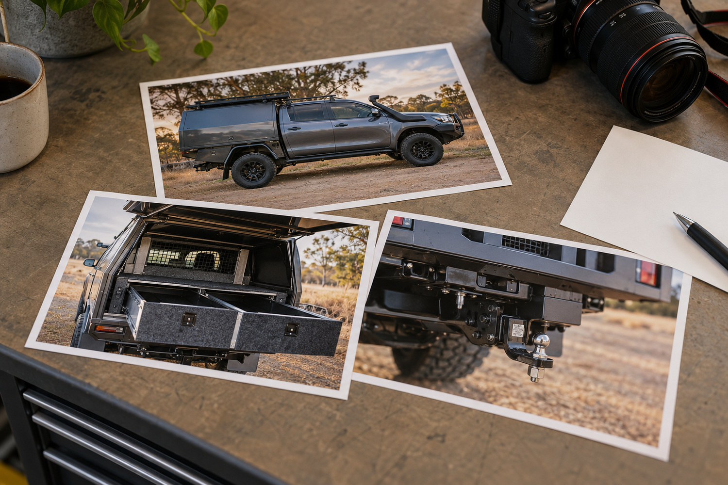 Printed photographs document a touring ute, its rear drawers and towbar on a workshop counter.