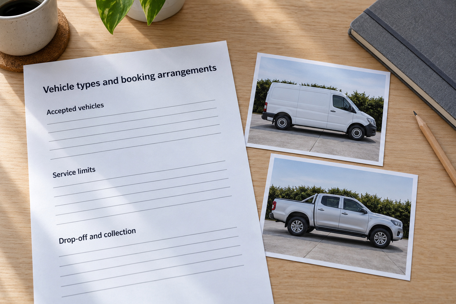 Vehicle and booking information planning sheet beside printed photographs of a white panel van and silver dual-cab ute.