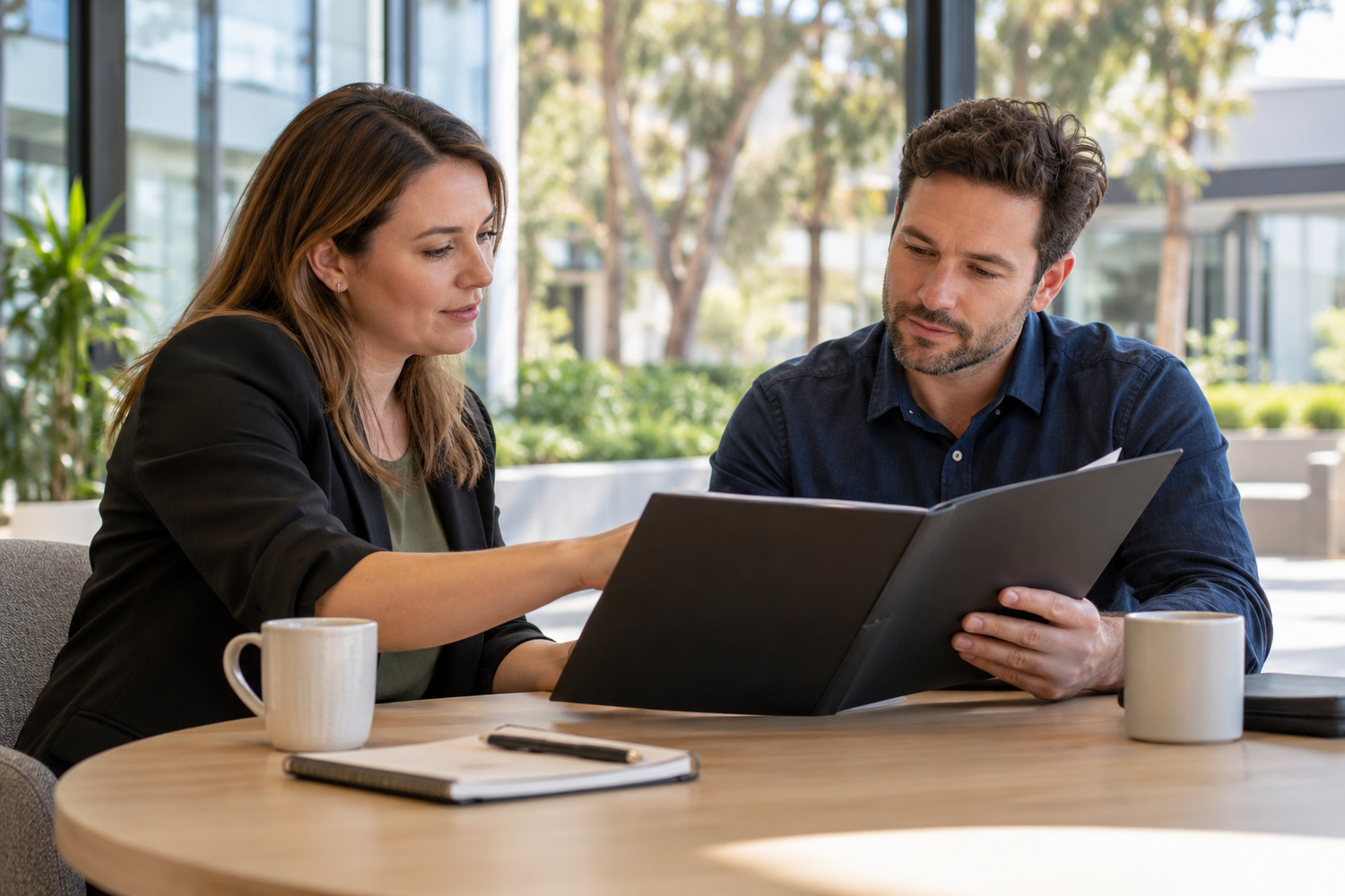 Office coordinator and service provider discuss a portfolio at a meeting table.