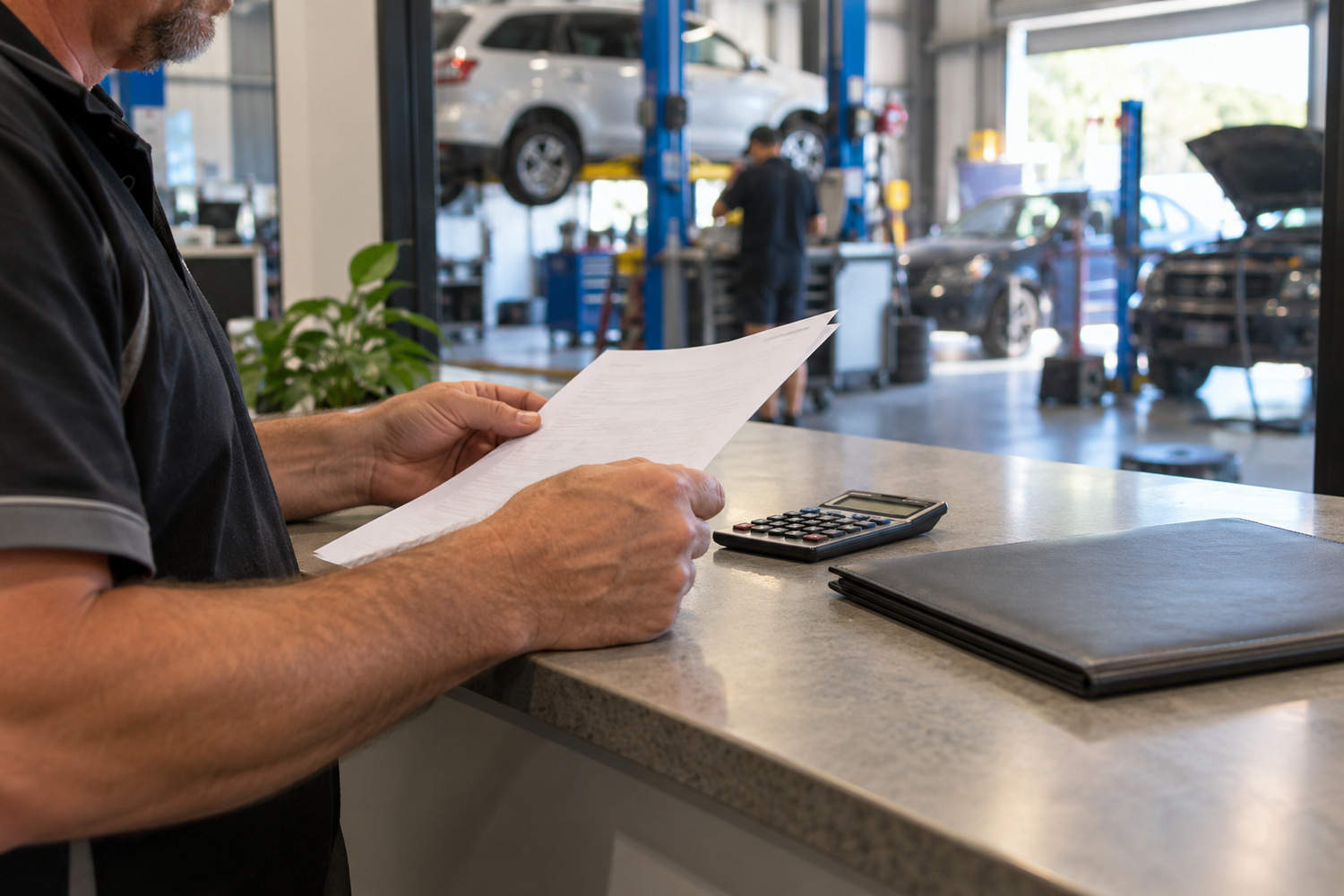 Workshop owner reviews paperwork beside a calculator and folder at a service counter.
