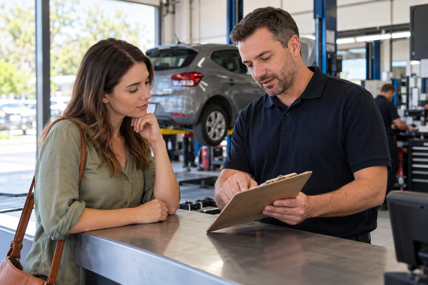 Service adviser explains proposed work on a clipboard to a customer at the counter.