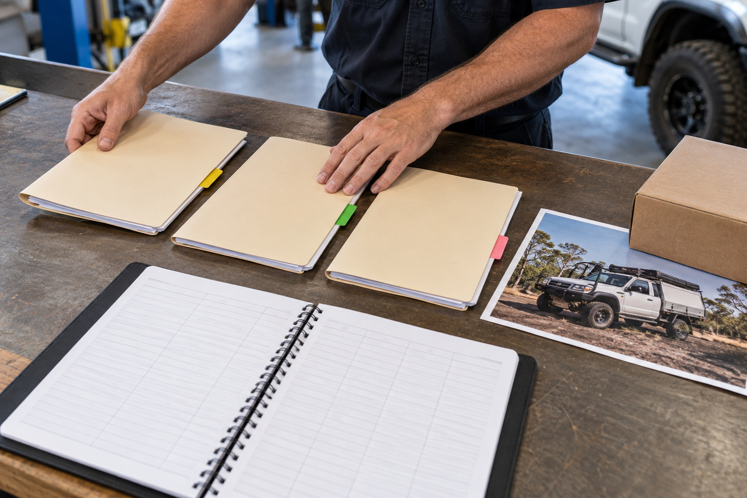 Workshop manager arranges job folders beside an appointment diary and touring vehicle photograph.