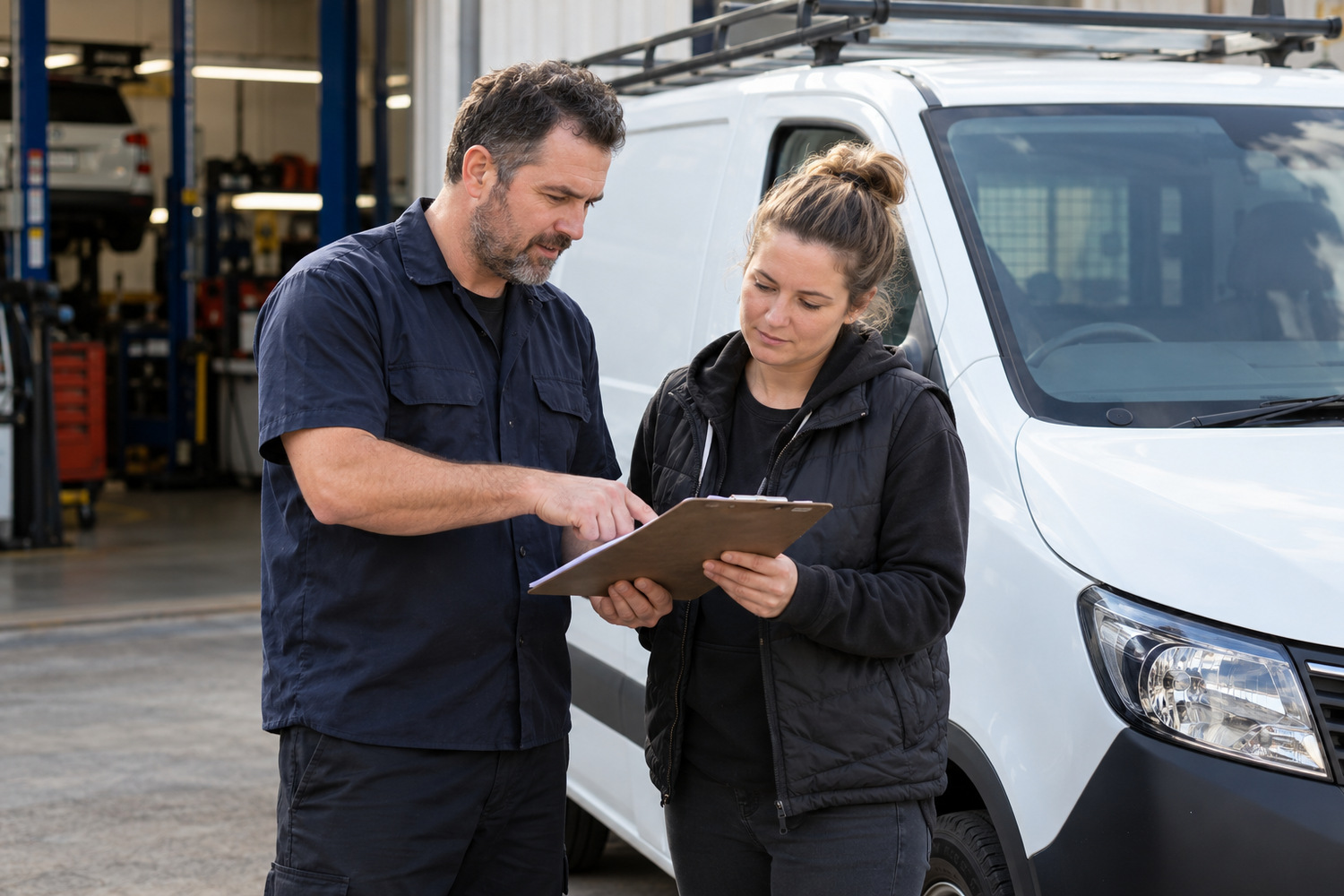 An adviser and business customer review a clipboard beside a parked white van.