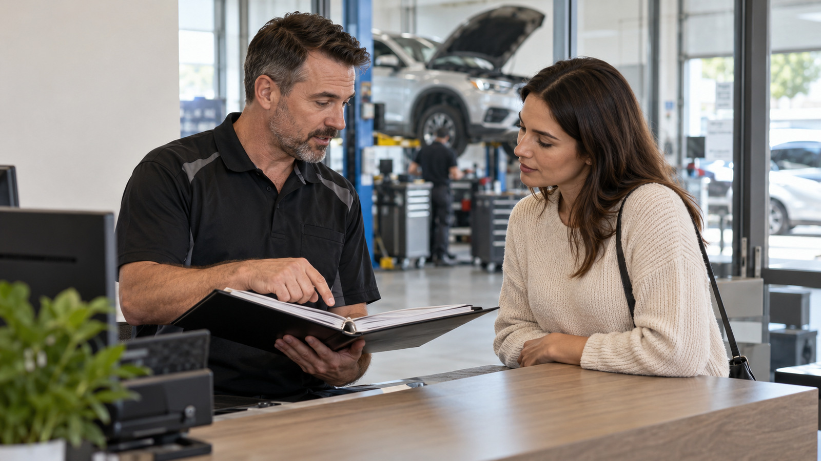 Service adviser explains information in a records binder to a customer at workshop reception.