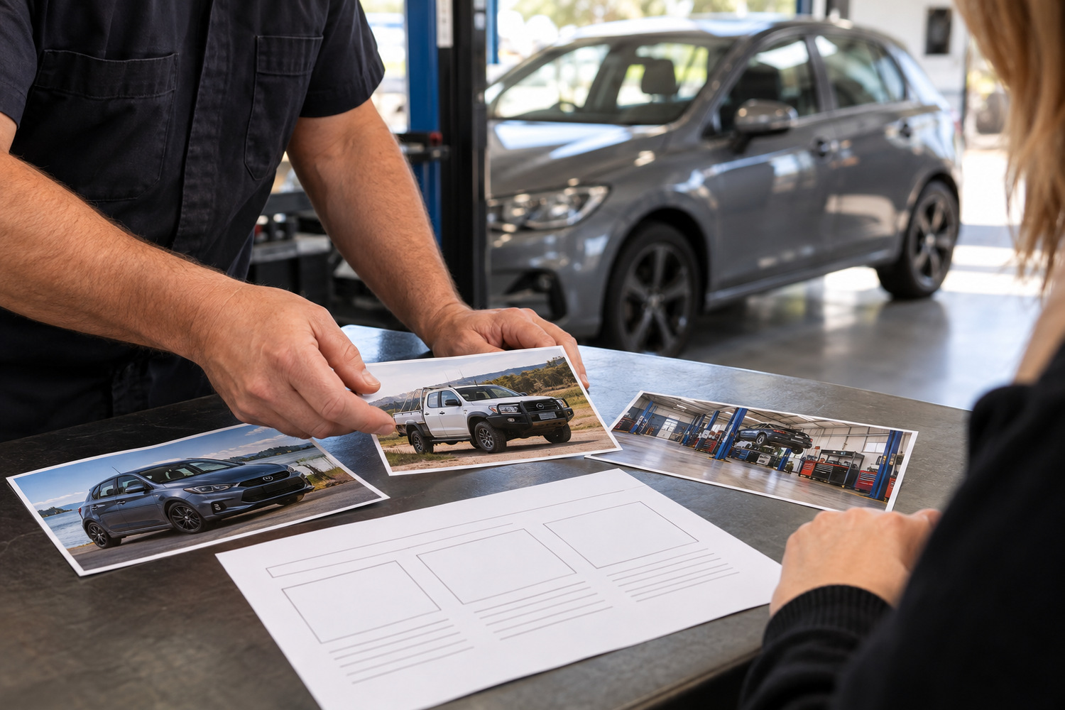 Vehicle and workshop photographs selected beside a paper website layout at a service counter.