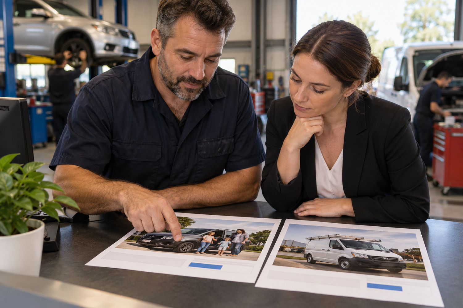 A workshop owner and consultant compare page drafts featuring a family car and work van.